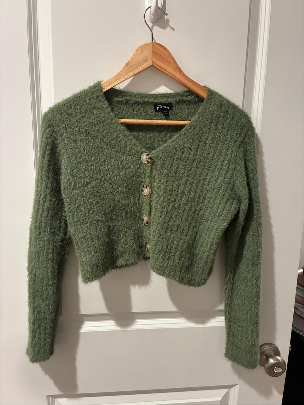 art class Olive Green Fuzzy V-Neck Cropped Cardigan